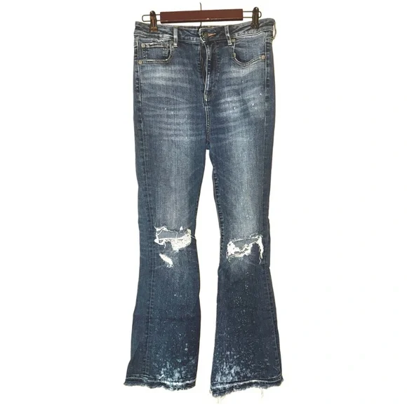AEO High Rise Super Stretch & Flare Splattered Distressed Jeans - Picture 9 of 14